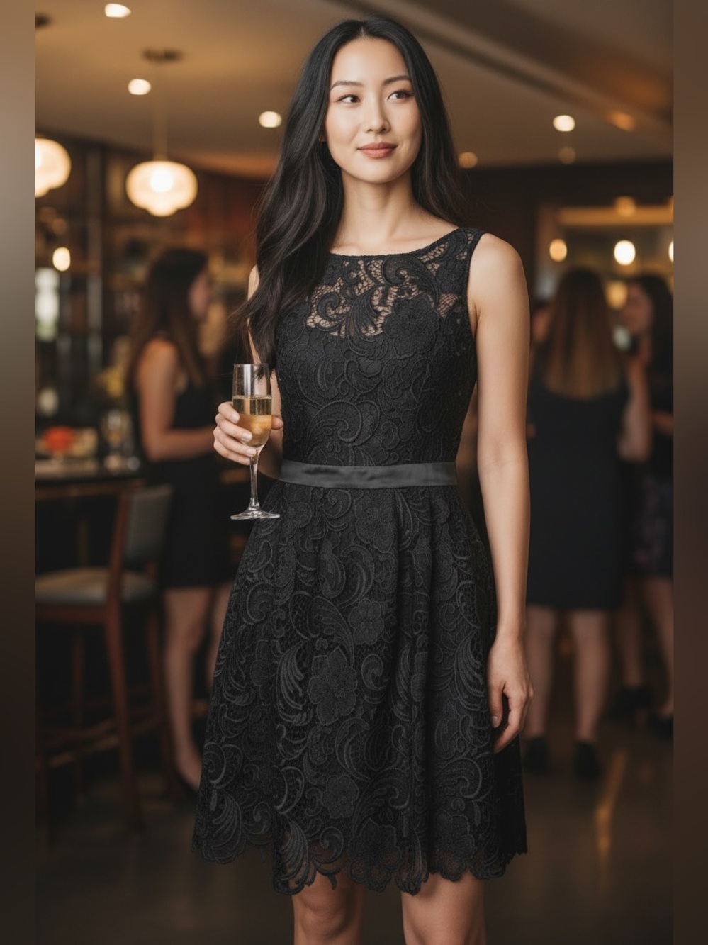 Aidan Mattox Black Floral Lace Midi Dress